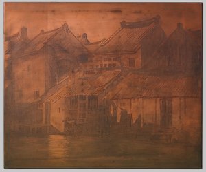 Batavia, huizen aan de kali in gesloten rij door Willem Arnoldus Witsen