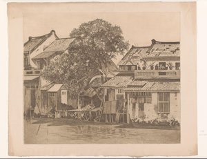 Gezicht op huizen aan een rivier in Batavia door Willem Arnoldus Witsen