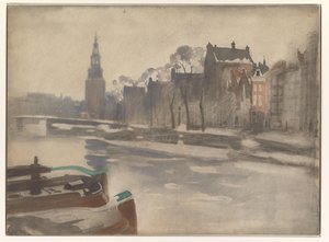Gezicht over de Oude Schans op de Montelbaanstoren door Willem Arnoldus Witsen