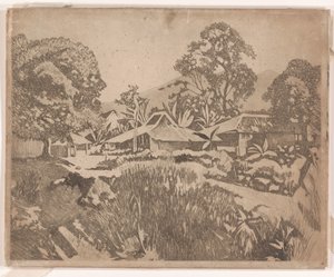 Huizen in de kampong met de vulkanen Salak en Gedeh op de achtergrond, Buitenzorg door Willem Arnoldus Witsen