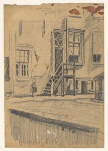 Meisje bij houten trap, kademuur
