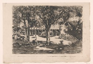 Paardenstallen achter bomen op Java door Willem Arnoldus Witsen
