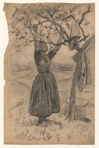 Vrouw hangt de was in een boom, naar rechts door Willem Arnoldus Witsen