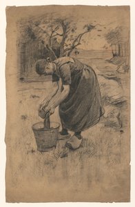 Vrouw spoelt de was in een emmer, voor een boerderij door Willem Arnoldus Witsen