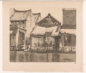 Woningen langs een rivier in Batavia met een vrouw die kleding wast door Willem Arnoldus Witsen
