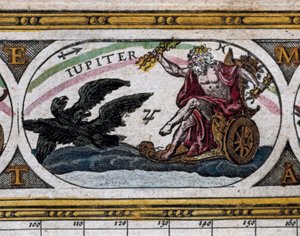 Afbeelding van de god Jupiter die zwarte adelaars bevecht in zijn wagen (gravure) in "Le Theatre du Monde" door Willem and Joan  Blaeu