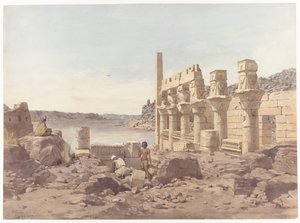 Gezicht op de tempelruïnes te Philae bij Aswan