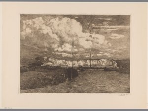 Duinlandschap met zandafgraving en boten