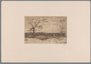 Landschap met kale bomen en houthakkers