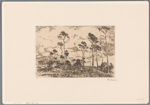 Landschap met kale bomen en houthakkers