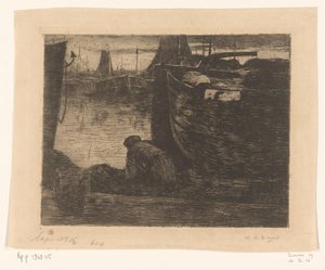 Man aan de kade van een haven door Willem de Zwart (signed by artist)