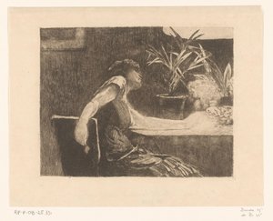 Vrouw aan een tafel met bloemen