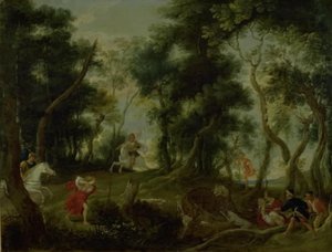 Landschap met Atalanta en Meleager die op de Calydonische everzwijn jagen door Willem van Herp