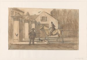 Het hek op de Scheveningse Weg te Den Haag; een ruiter met hond passeren door Willem van Konijnenburg