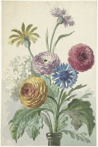 Boeket bloemen in de hals van een groene vaas door Willem van Leen