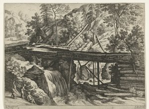 Berglandschap met houten aquaduct