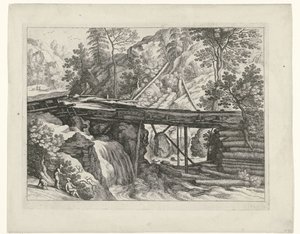 Berglandschap met houten aquaduct door Willem van Nieulandt (II)