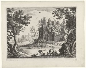 Gebouw aan een rivier, Italiaanse landschappen door Willem van Nieulandt (II)