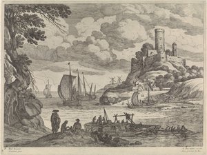 Havengezicht met schepen door Willem van Nieulandt (II)
