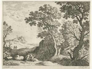 Landschap met Diana en een nimf door Willem van Nieulandt (II)