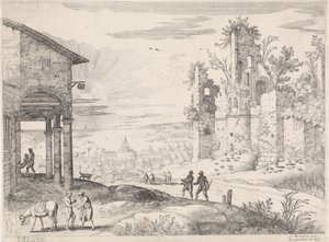 Landschap met de barmhartige Samaritaan bij de herberg