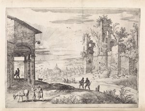 Landschap met de barmhartige Samaritaan bij de herberg