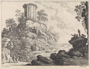 Landschap met de ruïne van een tempel door Willem van Nieulandt (II)