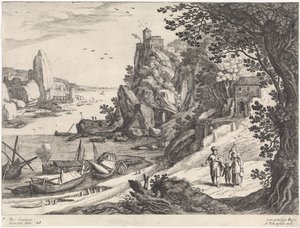 Landschap met de verdrijving van Hagar en Ismaël Italiaanse landschappen (series title) door Willem van Nieulandt (II)
