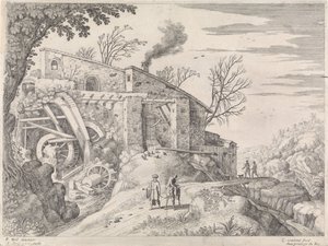 Landschap met een watermolen en de barmhartige Samaritaan door Willem van Nieulandt (II)