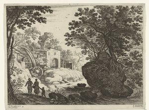 Paar en kind bij watermolen Italiaanse landschappen (serie) door Willem van Nieulandt (II)