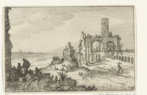 Ruïne met bogen en een toren aan het water