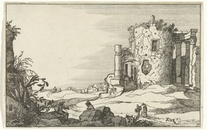 Ruïne van een door zuilen omgeven tempel door Willem van Nieulandt (II)