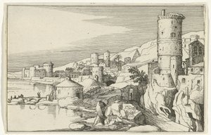 Stad met torens aan het water door Willem van Nieulandt (II)