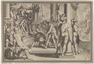 Allegorie van Gerechtigheid Heiligheid van de Wet met een rechtszaalscène waarin een man wordt vergeven..., 1605