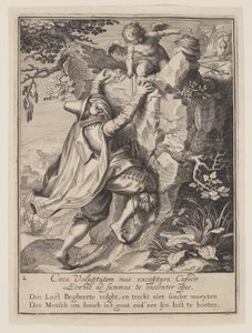 Een jonge man beklimt een heuvel, geholpen door Cupido, uit Allegorie op het misbruik van wereldse bezittingen door Willem van Swanenburgh