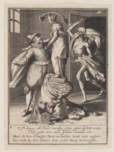 De dood met een pijl die op het punt staat de mens neer te halen, uit Allegorie op het misbruik van wereldse bezittingen door Willem van Swanenburgh