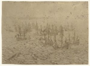 Zeeslag voor een kust door Willem van de Velde (I) (possibly)