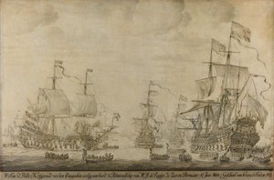 Oorlogsraad aan boord van De Zeven Provinciën, het vlaggenschip van Michiel Adriaensz de Ruyter, 10 juni 1666, voorafgaand aan de Vierdaagse Zeeslag: episode uit de Tweede Engels-Nederlandse Oorlog door Willem van de Velde (I)