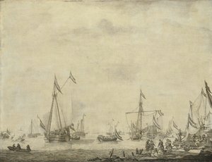 Koninklijk jacht en staatsjacht varen uit Moerdijk met Karel II, koning van Engeland, aan boord, 1660 door Willem van de Velde (I)