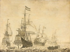 Zeegezicht met Nederlandse Oorlogsschepen waaronder de Drenthe en de Prins Frederik-Hendrik door Willem van de Velde (I)