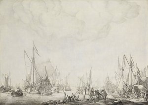 De koninklijke en staatsjachten, mogelijk de aankomst van Karel II van Engeland in Moerdijk, 1660 door Willem van de Velde (I)