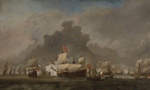 Zeeslag tussen Michiel Adriaensz de Ruyter en de hertog van York op de Royal Prince tijdens de Slag bij Solebay, 7 juni 1672: episode uit de Derde Engels-Nederlandse Oorlog door Willem van de Velde (II)
