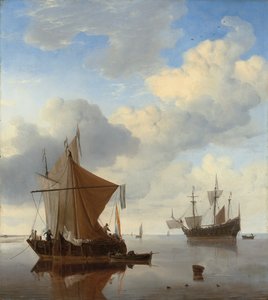 Een kalmte - een smalschip en een kaag voor anker met een Engelse oorlogsschip daarachter door Willem van de Velde