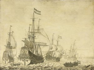 Zeegezicht met Nederlandse Oorlogsschepen inclusief de Drenthe en de Prins Frederik-Hendrik, ca. 1670 door Willem van de Velde