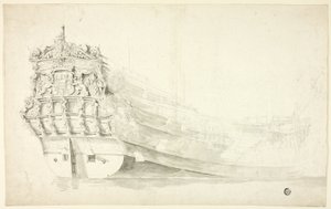 Nederlands schip met ornamentele boeg gezien vanaf stuurboordzijde door Willem van de Velde I
