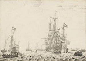 Nederlandse schepen bij de kust door Willem van de Velde I