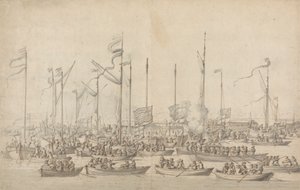 Viering op de Theems bij Whitehall door Willem van de Velde the Elder