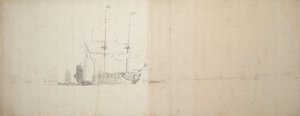 Een Nederlands schip voor anker bij het land, ca. 1666