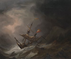 Een Middellandse Zee Brigantijn die op een rotsachtige kust drijft in een storm, ca. 1700