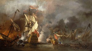 Een Engels schip in actie met Barbarijse piraten door Willem van de Velde the Younger